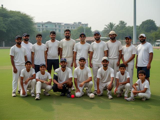 Group photo of Vijaydeep Cricket Academy coaches and students on the field, smiling warmly after a training session.