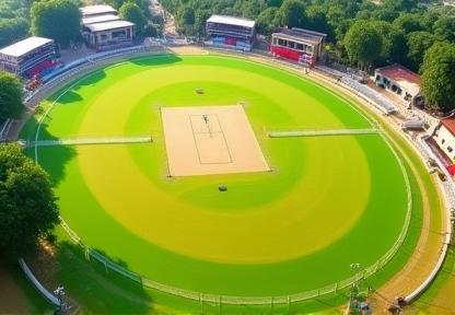 An impressive aerial view of the Vijaydeep Cricket Academy grounds, showcasing the well-maintained pitches and facilities.