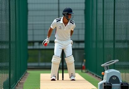A player practicing against a modern bowling machine, highlighting access to advanced training tools.