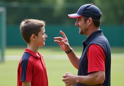A coach providing personalized guidance and instruction to a young bowler, focusing on technique.