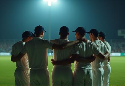 The team huddled together before a match, demonstrating camaraderie and strategic discussion.