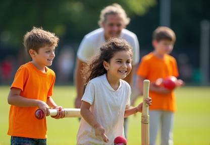 A group of the youngest students enthusiastically learning cricket basics with patience and encouragement.