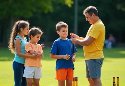 Young children enthusiastically learning the basics of cricket with a coach.